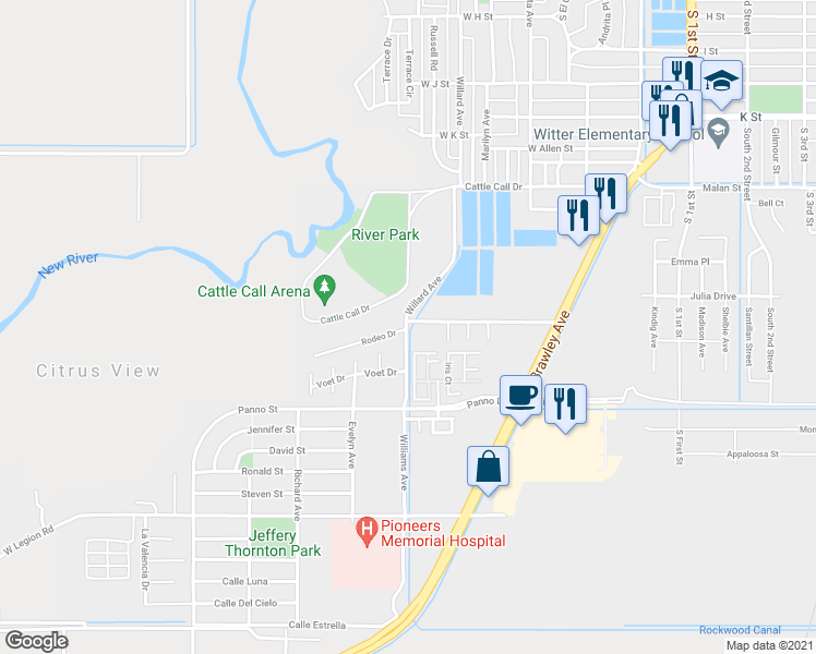 map of restaurants, bars, coffee shops, grocery stores, and more near 320 Willard Avenue in Brawley