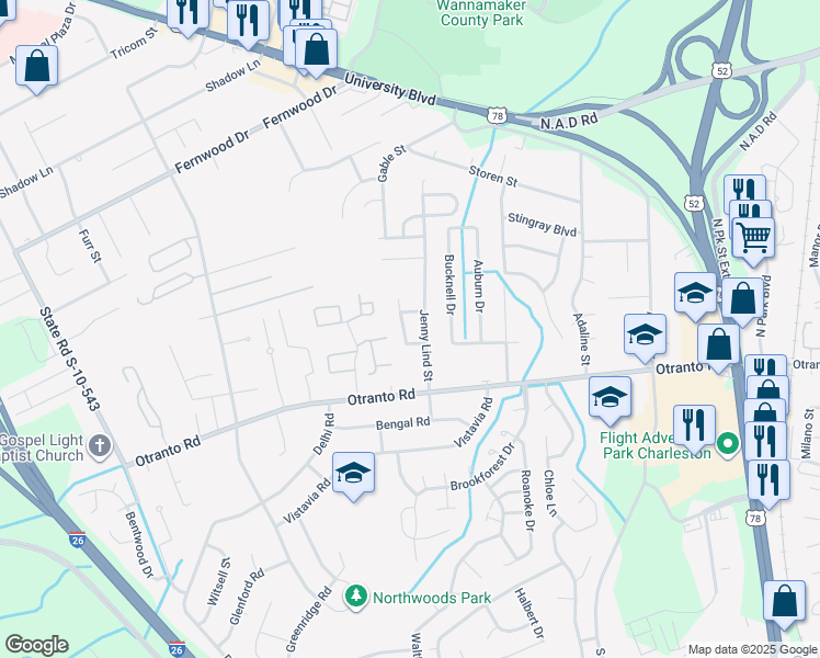 map of restaurants, bars, coffee shops, grocery stores, and more near 8755 Jenny Lind Street in North Charleston