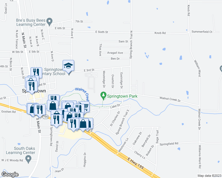map of restaurants, bars, coffee shops, grocery stores, and more near 109 Overhill Drive in Springtown