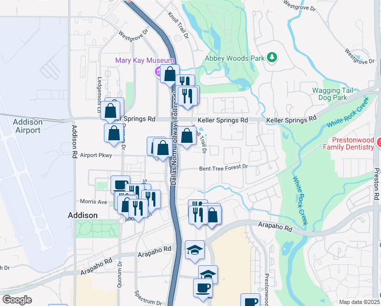 map of restaurants, bars, coffee shops, grocery stores, and more near 16000 Dallas Parkway in Dallas