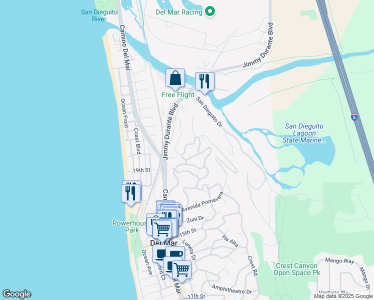 map of restaurants, bars, coffee shops, grocery stores, and more near 373 Luzon Avenue in Del Mar