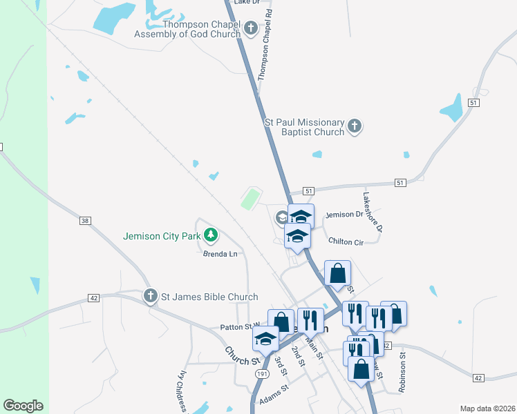 map of restaurants, bars, coffee shops, grocery stores, and more near 25195 U.S. 31 in Jemison