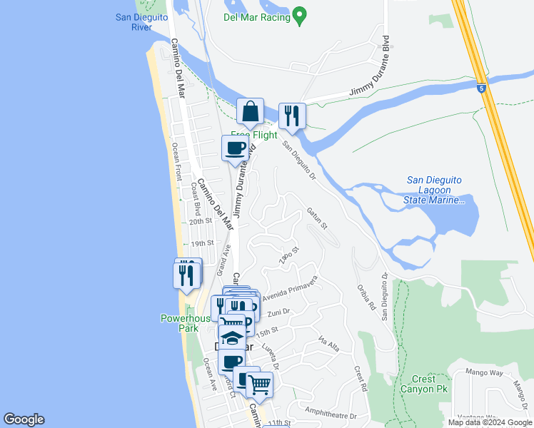 map of restaurants, bars, coffee shops, grocery stores, and more near 373 Luzon Avenue in Del Mar