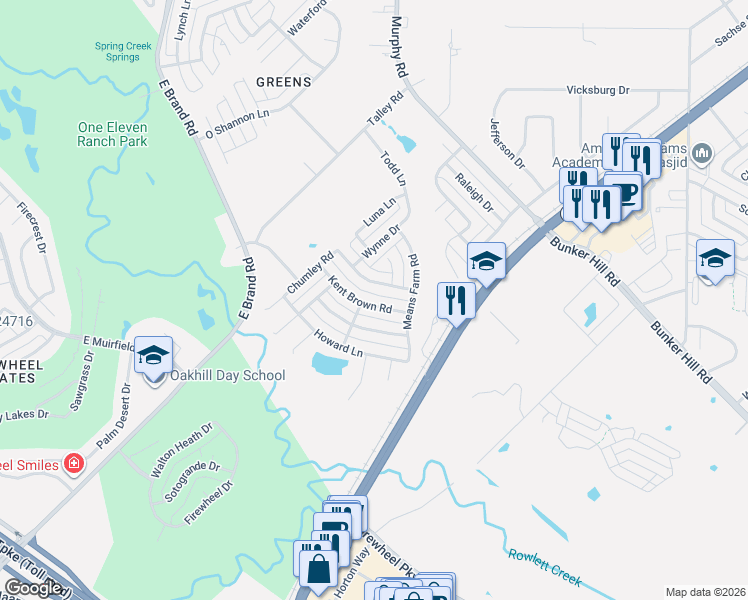 map of restaurants, bars, coffee shops, grocery stores, and more near 1118 Homer Johnson Lane in Garland