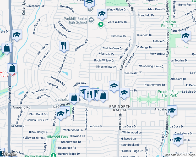 map of restaurants, bars, coffee shops, grocery stores, and more near 6833 Anglebluff Circle in Dallas