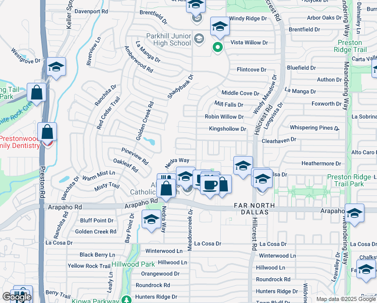 map of restaurants, bars, coffee shops, grocery stores, and more near 15874 Nedra Way in Dallas