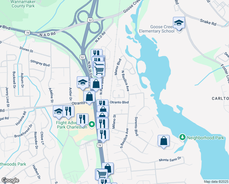 map of restaurants, bars, coffee shops, grocery stores, and more near 806 Andrea Lane in Hanahan