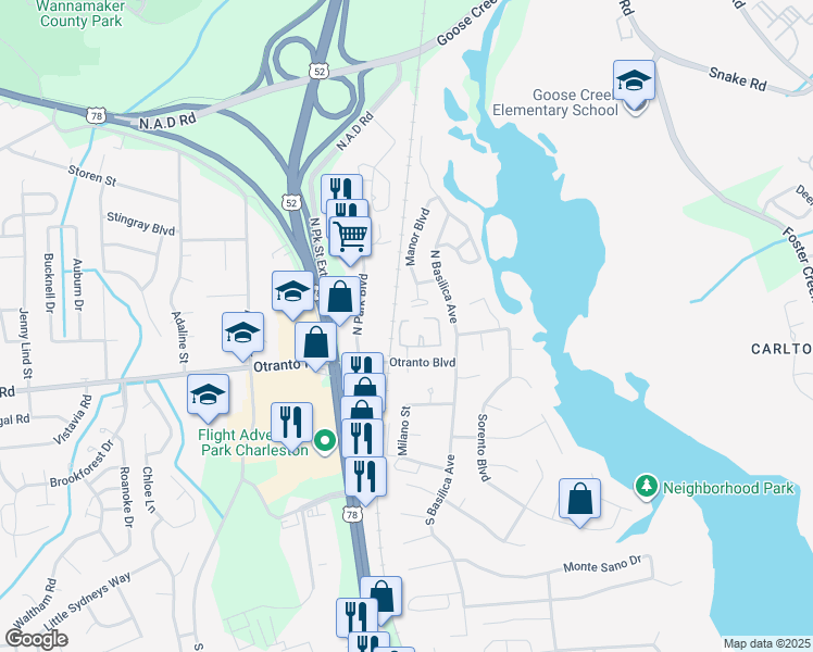 map of restaurants, bars, coffee shops, grocery stores, and more near 807 Andrea Lane in Hanahan