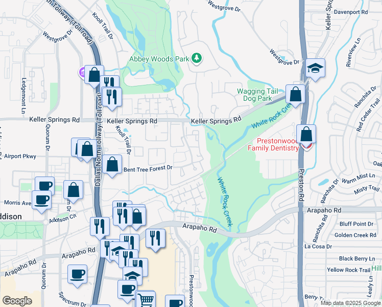 map of restaurants, bars, coffee shops, grocery stores, and more near 15947 Bent Tree Forest Circle in Dallas
