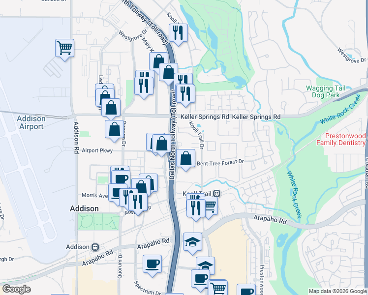 map of restaurants, bars, coffee shops, grocery stores, and more near 15950 Dallas Parkway in Dallas