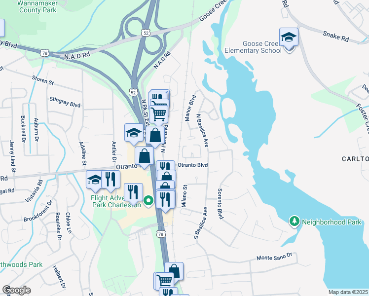 map of restaurants, bars, coffee shops, grocery stores, and more near 812 Andrea Lane in Hanahan