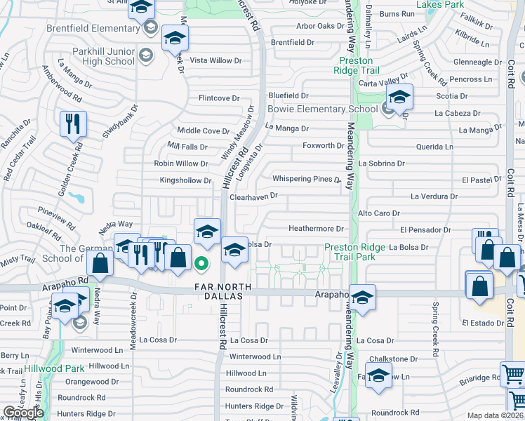 map of restaurants, bars, coffee shops, grocery stores, and more near 7141 Clearhaven Drive in Dallas
