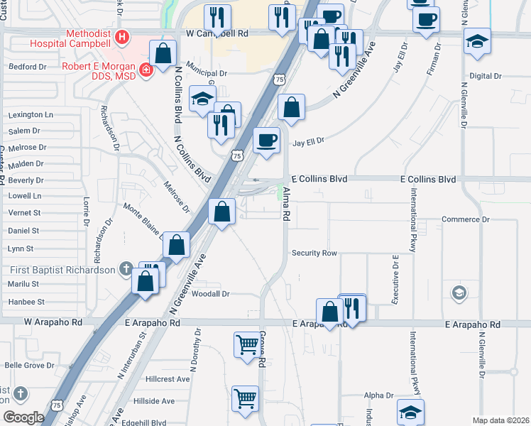 map of restaurants, bars, coffee shops, grocery stores, and more near 1350 North Greenville Avenue in Richardson