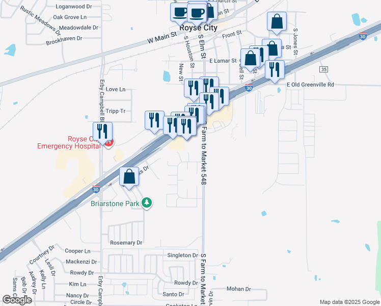 map of restaurants, bars, coffee shops, grocery stores, and more near 1018 Caddo Court in Royse City