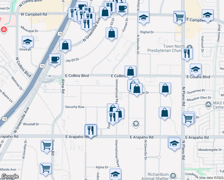 map of restaurants, bars, coffee shops, grocery stores, and more near 908 Quality Way in Richardson