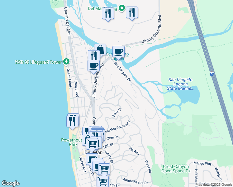 map of restaurants, bars, coffee shops, grocery stores, and more near 2029 Balboa Avenue in Del Mar