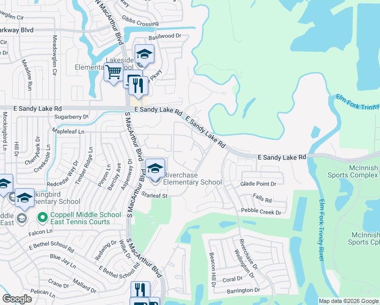 map of restaurants, bars, coffee shops, grocery stores, and more near 1201 East Sandy Lake Road in Coppell