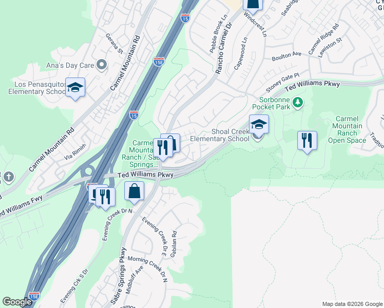 map of restaurants, bars, coffee shops, grocery stores, and more near 11340 Provencal Place in San Diego