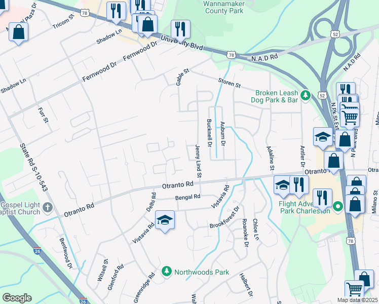 map of restaurants, bars, coffee shops, grocery stores, and more near 8783 Yearling Drive in Charleston