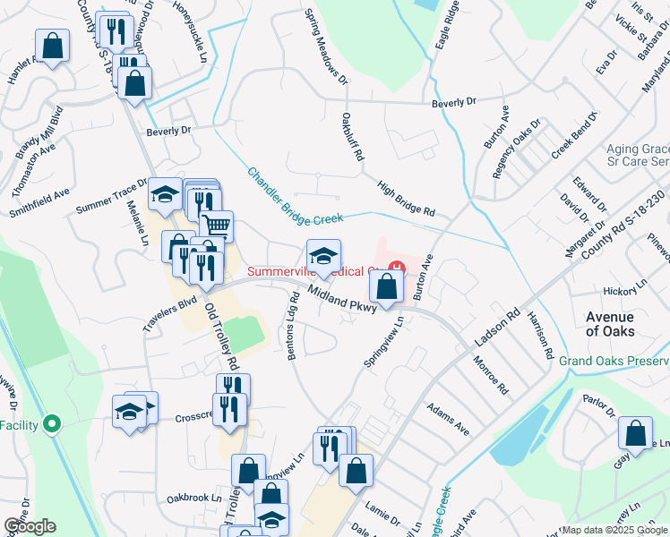 map of restaurants, bars, coffee shops, grocery stores, and more near 124 Stewart Place in Summerville