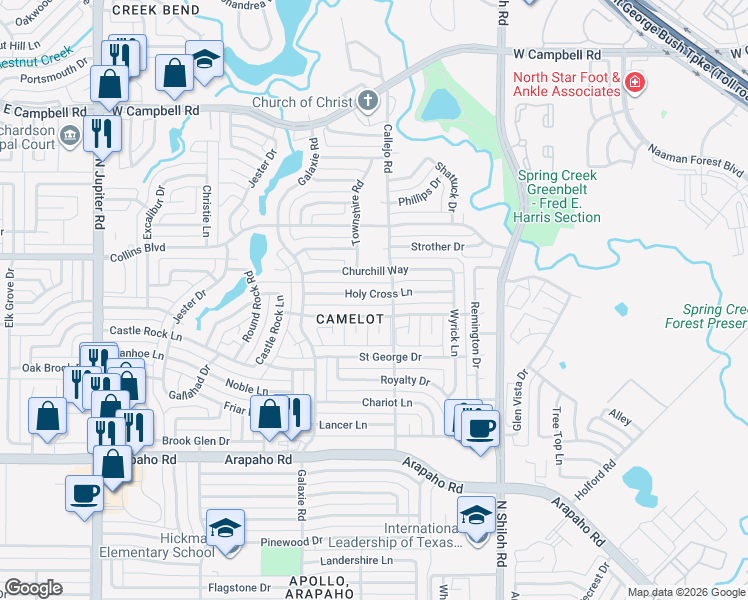 map of restaurants, bars, coffee shops, grocery stores, and more near 2806 Churchill Way in Garland