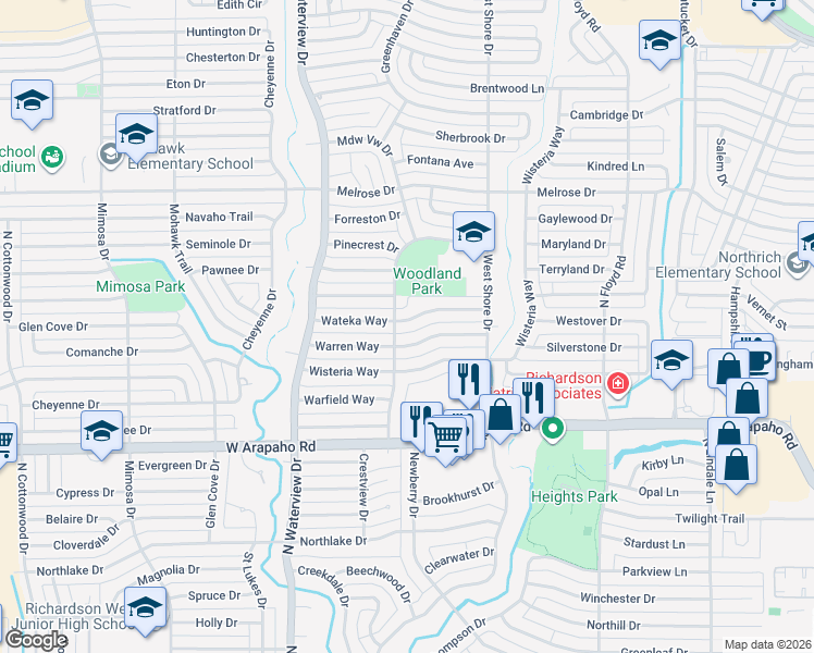 map of restaurants, bars, coffee shops, grocery stores, and more near 1218 Woodland Way in Richardson