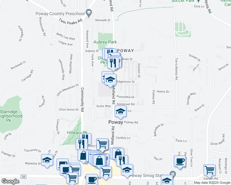 map of restaurants, bars, coffee shops, grocery stores, and more near 13955 Midland Road in Poway