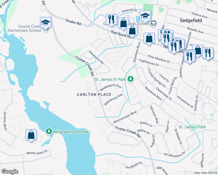 map of restaurants, bars, coffee shops, grocery stores, and more near 3037 Woodington Place in Goose Creek
