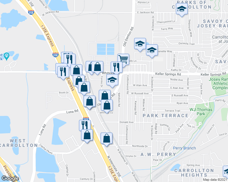 map of restaurants, bars, coffee shops, grocery stores, and more near 1936 Old Denton Road in Carrollton