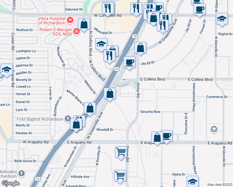 map of restaurants, bars, coffee shops, grocery stores, and more near 1350 North Greenville Avenue in Richardson