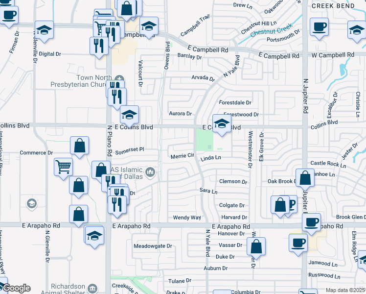 map of restaurants, bars, coffee shops, grocery stores, and more near 47 Merrie Circle in Richardson