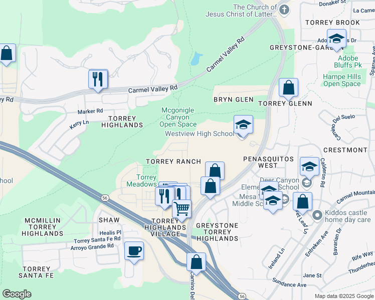 map of restaurants, bars, coffee shops, grocery stores, and more near Sydney Rae Pl & Brooke Vista Ln in San Diego