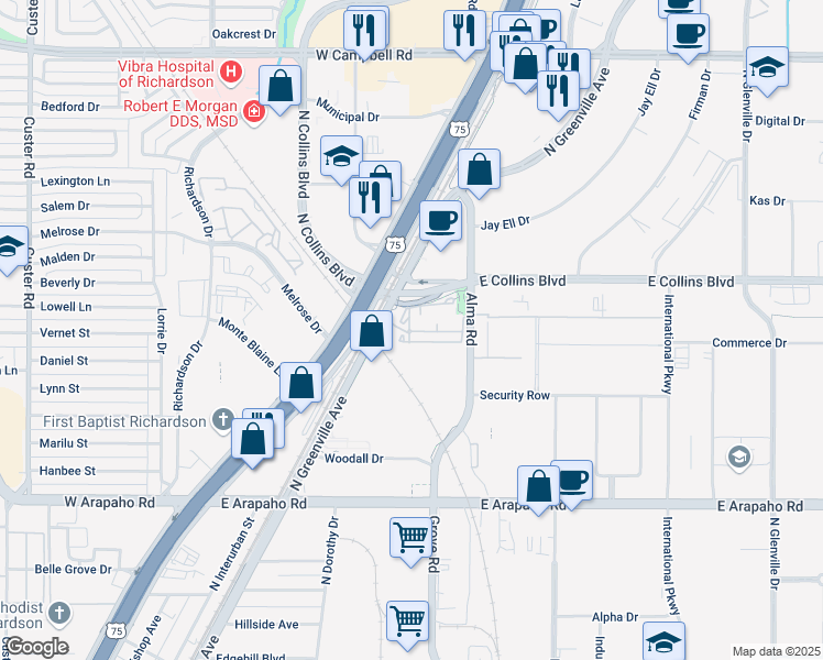 map of restaurants, bars, coffee shops, grocery stores, and more near 1350 North Greenville Avenue in Richardson