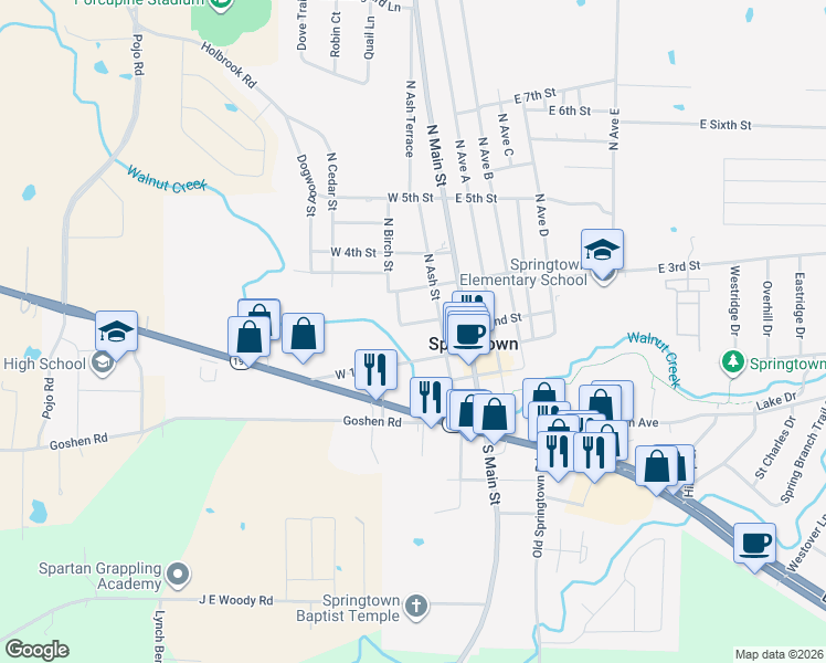 map of restaurants, bars, coffee shops, grocery stores, and more near 218 Walnut Bend Road in Springtown