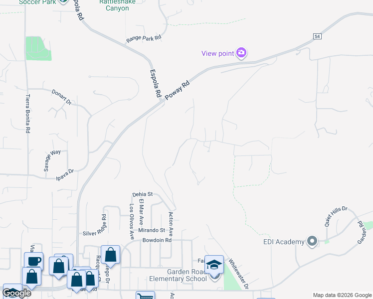 map of restaurants, bars, coffee shops, grocery stores, and more near 13807 Millards Ranch Lane in Poway