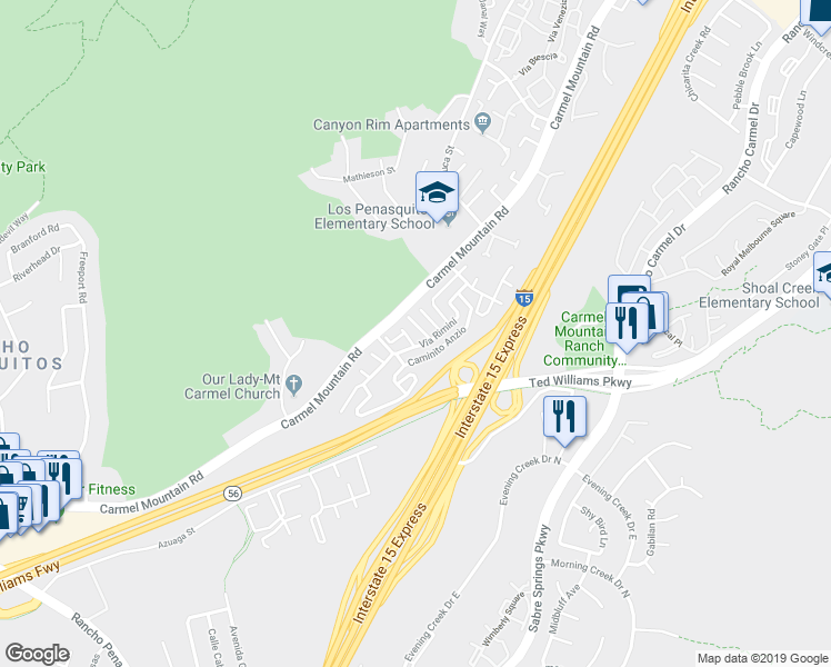 map of restaurants, bars, coffee shops, grocery stores, and more near 11026 Via Parma in San Diego