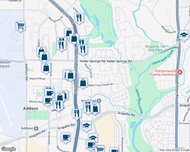 map of restaurants, bars, coffee shops, grocery stores, and more near 15678 Knoll Trail Drive in Dallas