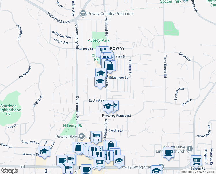 map of restaurants, bars, coffee shops, grocery stores, and more near 13927 Midland Road in Poway