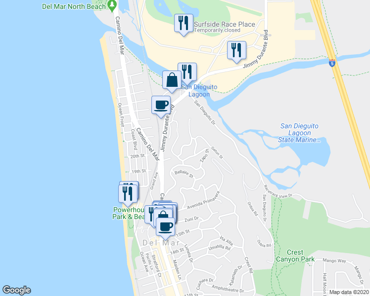 map of restaurants, bars, coffee shops, grocery stores, and more near 2080 Balboa Avenue in Del Mar