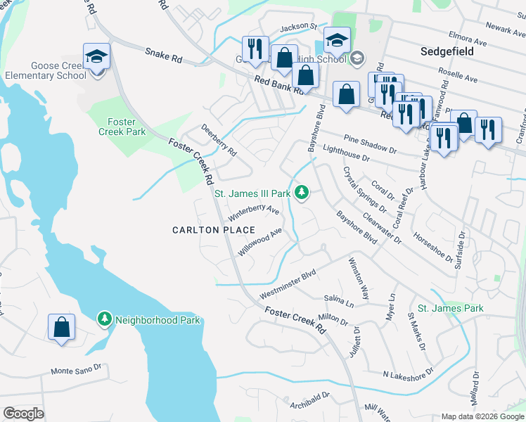 map of restaurants, bars, coffee shops, grocery stores, and more near 1328 Winterberry Avenue in Goose Creek