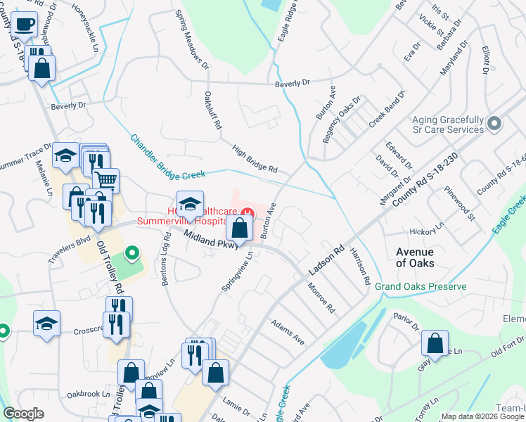 map of restaurants, bars, coffee shops, grocery stores, and more near 109 Burton Avenue in Summerville