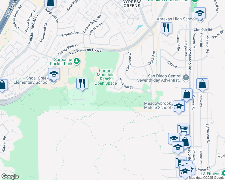 map of restaurants, bars, coffee shops, grocery stores, and more near 11925 Chalon Lane in San Diego