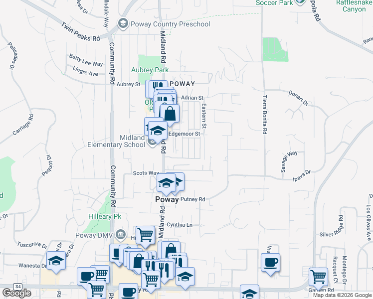 map of restaurants, bars, coffee shops, grocery stores, and more near 13962 Magnolia Avenue in Poway