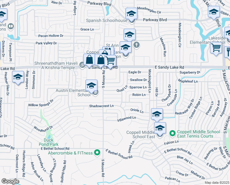map of restaurants, bars, coffee shops, grocery stores, and more near 624 Quail Lane in Coppell