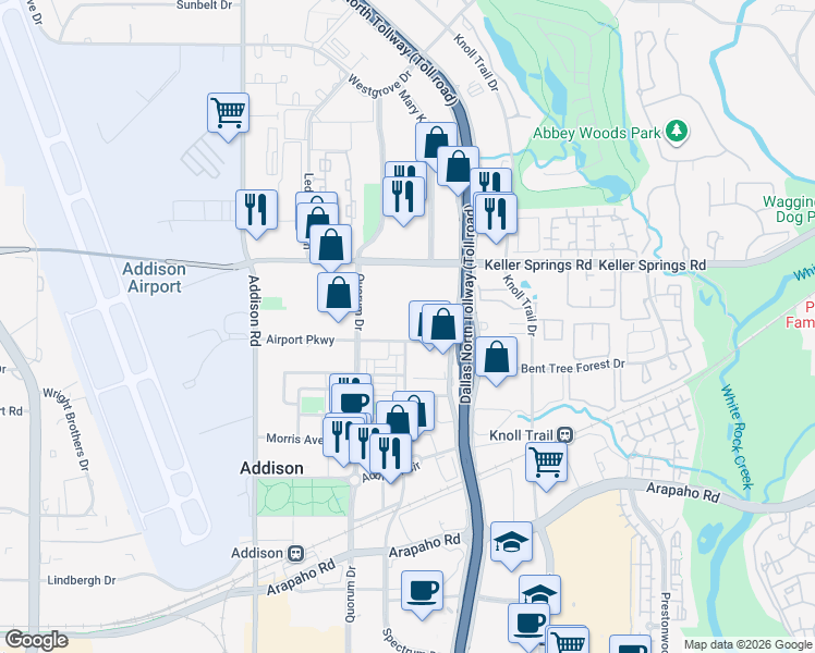 map of restaurants, bars, coffee shops, grocery stores, and more near 16001 Dallas Parkway in Addison