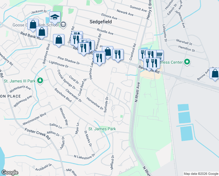 map of restaurants, bars, coffee shops, grocery stores, and more near 4255 Harbour Lake Drive in Goose Creek