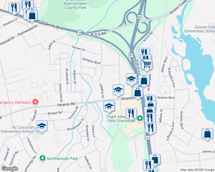 map of restaurants, bars, coffee shops, grocery stores, and more near 2221 Melvin Court in North Charleston