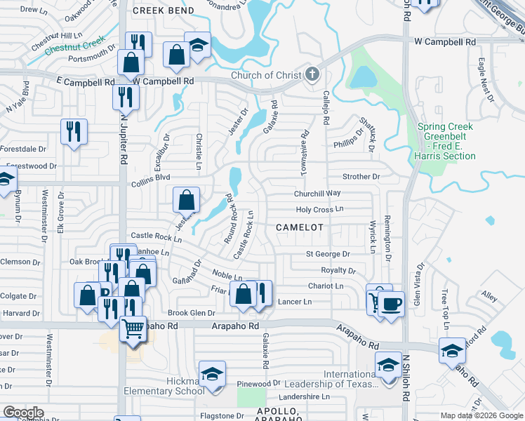 map of restaurants, bars, coffee shops, grocery stores, and more near 2938 Churchill Way in Garland