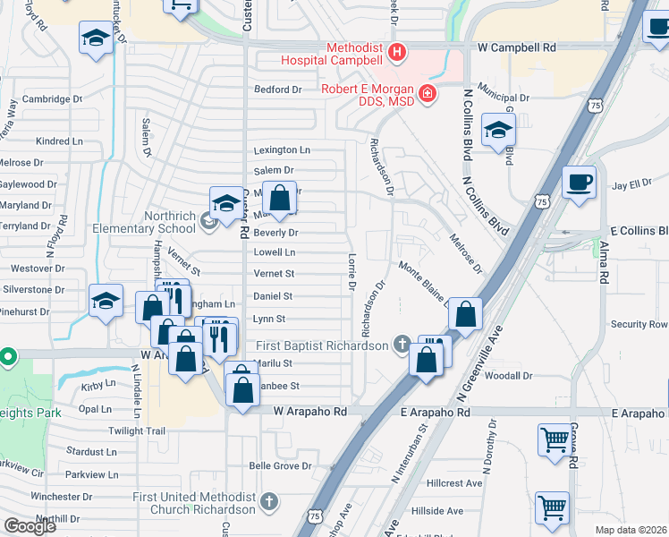 map of restaurants, bars, coffee shops, grocery stores, and more near 406 Vernet Street in Richardson