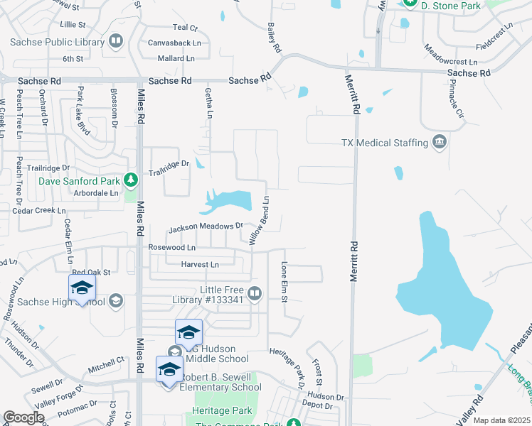 map of restaurants, bars, coffee shops, grocery stores, and more near 5164 Willow Bend Lane in Sachse